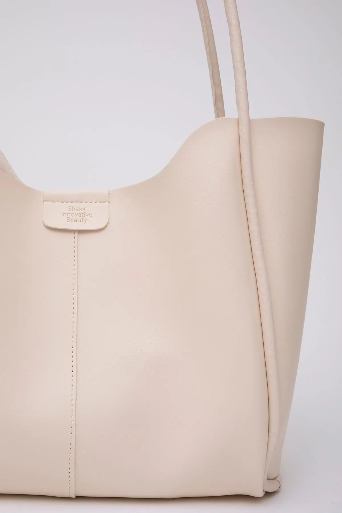 Krem Shk76 Çıtçıtlı Fitil Askılı Suni Deri Makyaj Çantalı Büyük Boy Kadın El Ve Omuz Çantası U:29 E