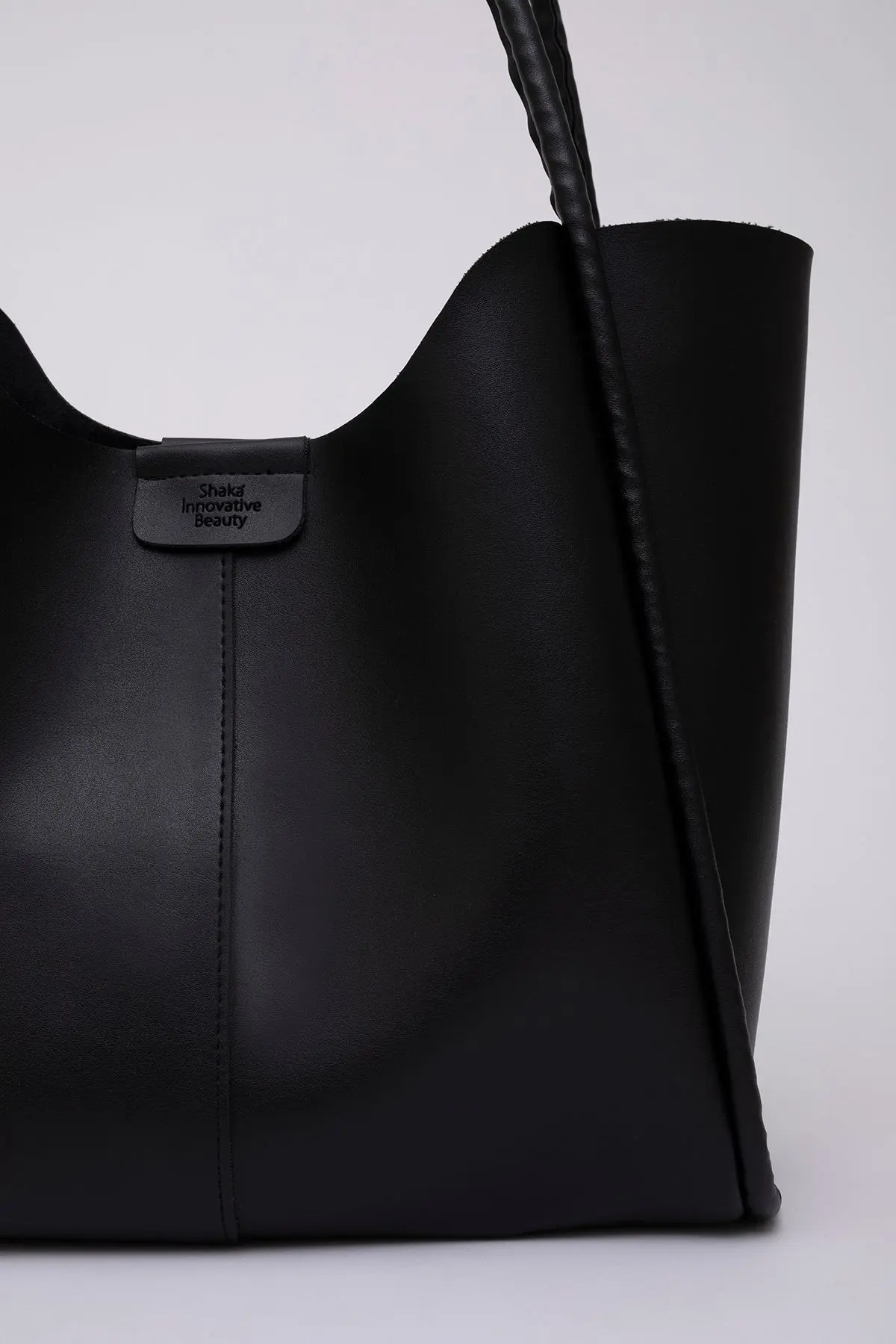 Siyah Shk76 Çıtçıtlı Fitil Askılı Suni Deri Makyaj Çantalı Büyük Boy Kadın El Ve Omuz Çantası U:29