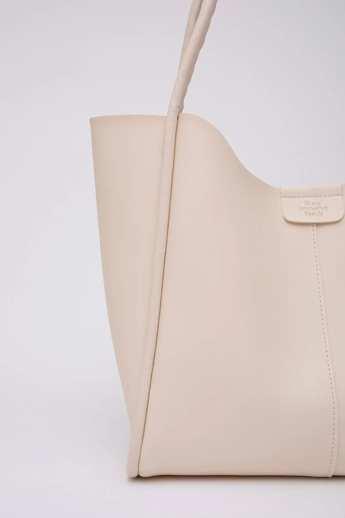 Krem Shk76 Çıtçıtlı Fitil Askılı Suni Deri Makyaj Çantalı Büyük Boy Kadın El Ve Omuz Çantası U:29 E