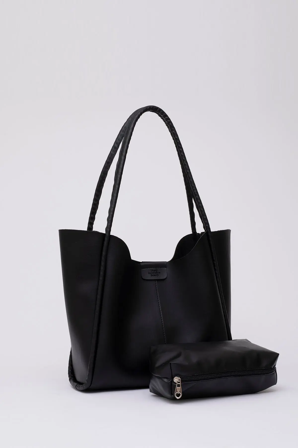 Siyah Shk76 Çıtçıtlı Fitil Askılı Suni Deri Makyaj Çantalı Büyük Boy Kadın El Ve Omuz Çantası U:29