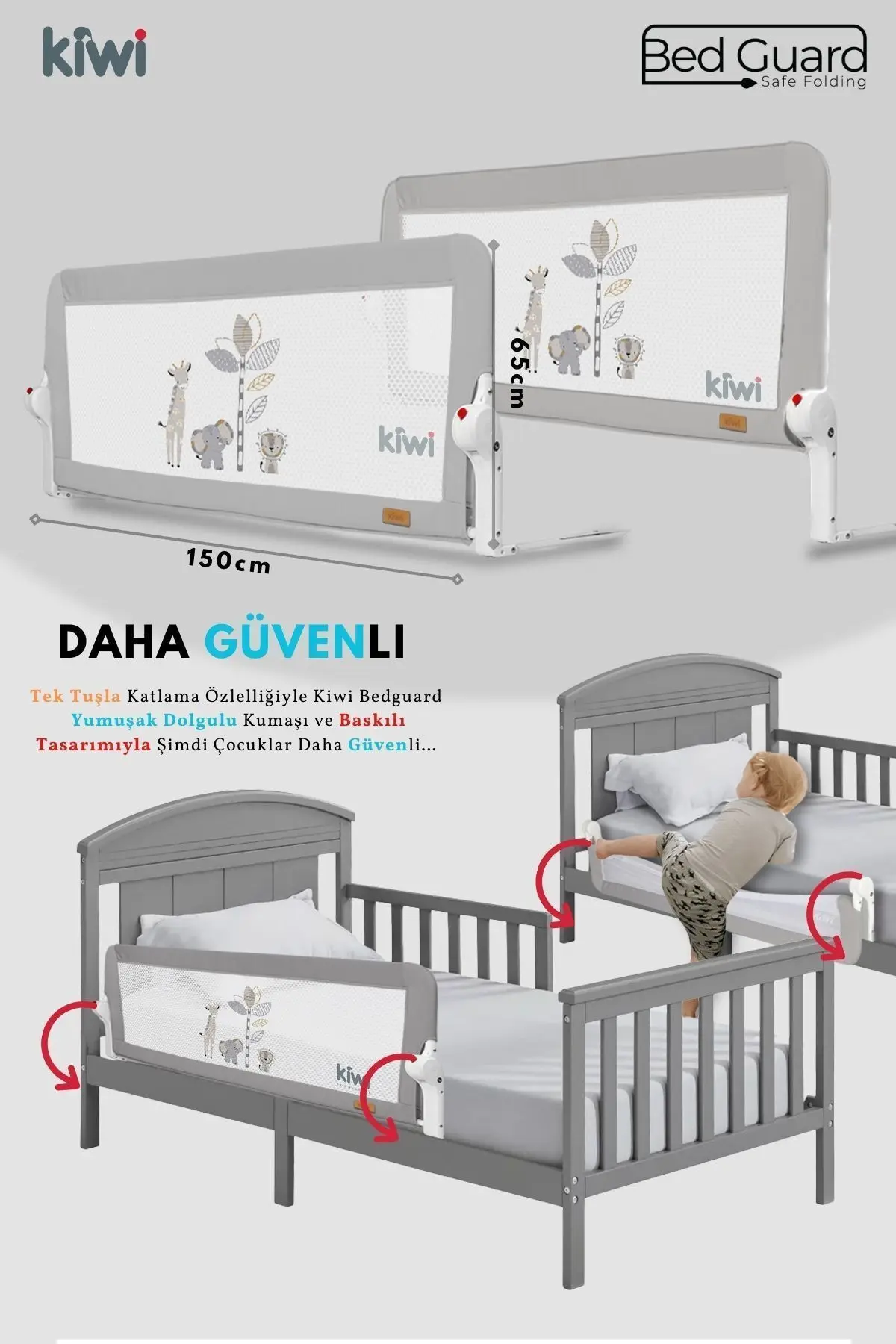 Kiwi Çocuk Yatak Koruyucu Bariyeri ve Yatak Korkuluğu, Ekstra Dolgulu Kumaş Bed Guard