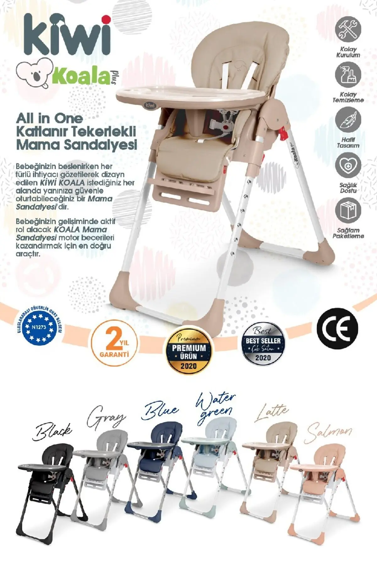 Koala Mama Sandalyesi Portatif Katlanır Yükseklik Ayarlı Tekerlekli İçi Pedli - Somon Renk