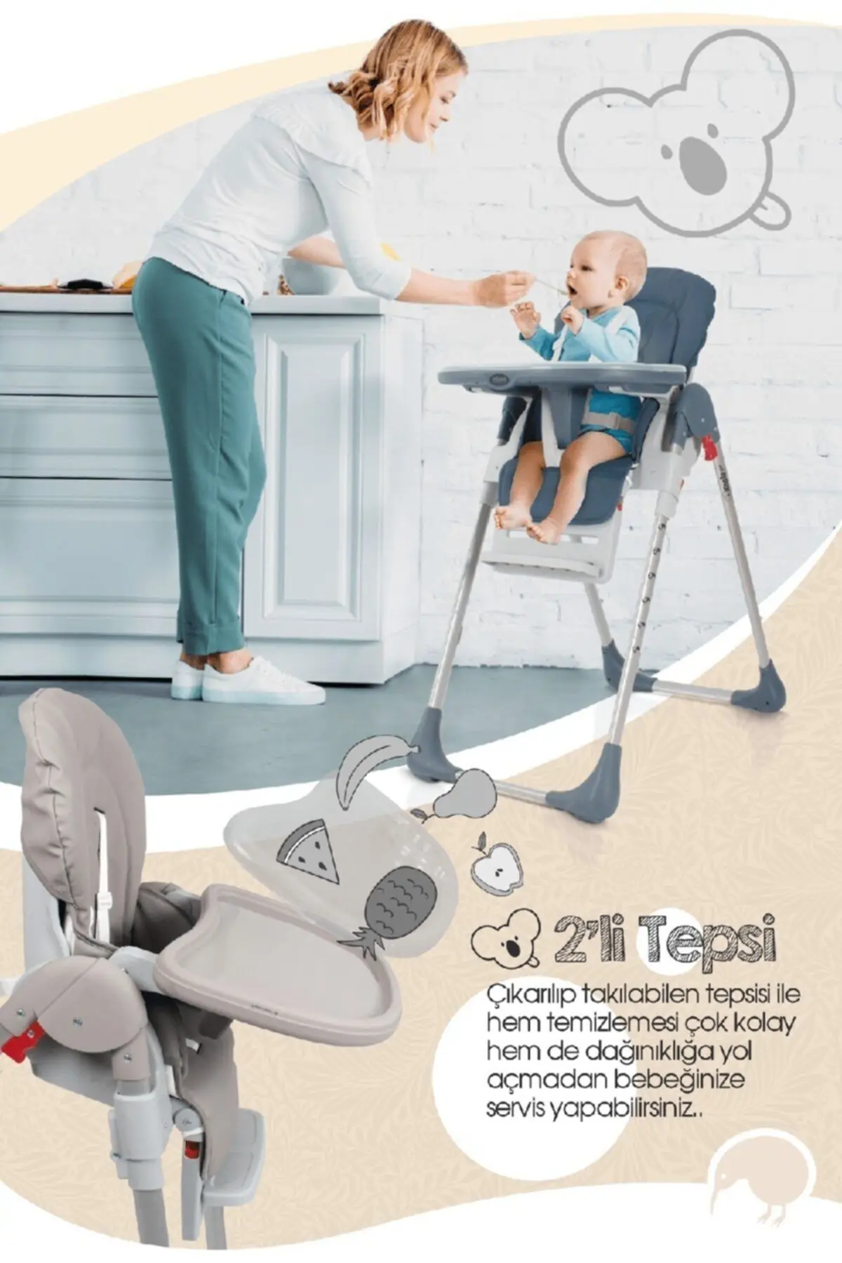 Koala All In One Katlanır Tekerlekli Mama Sandalyesi - Su Yeşili