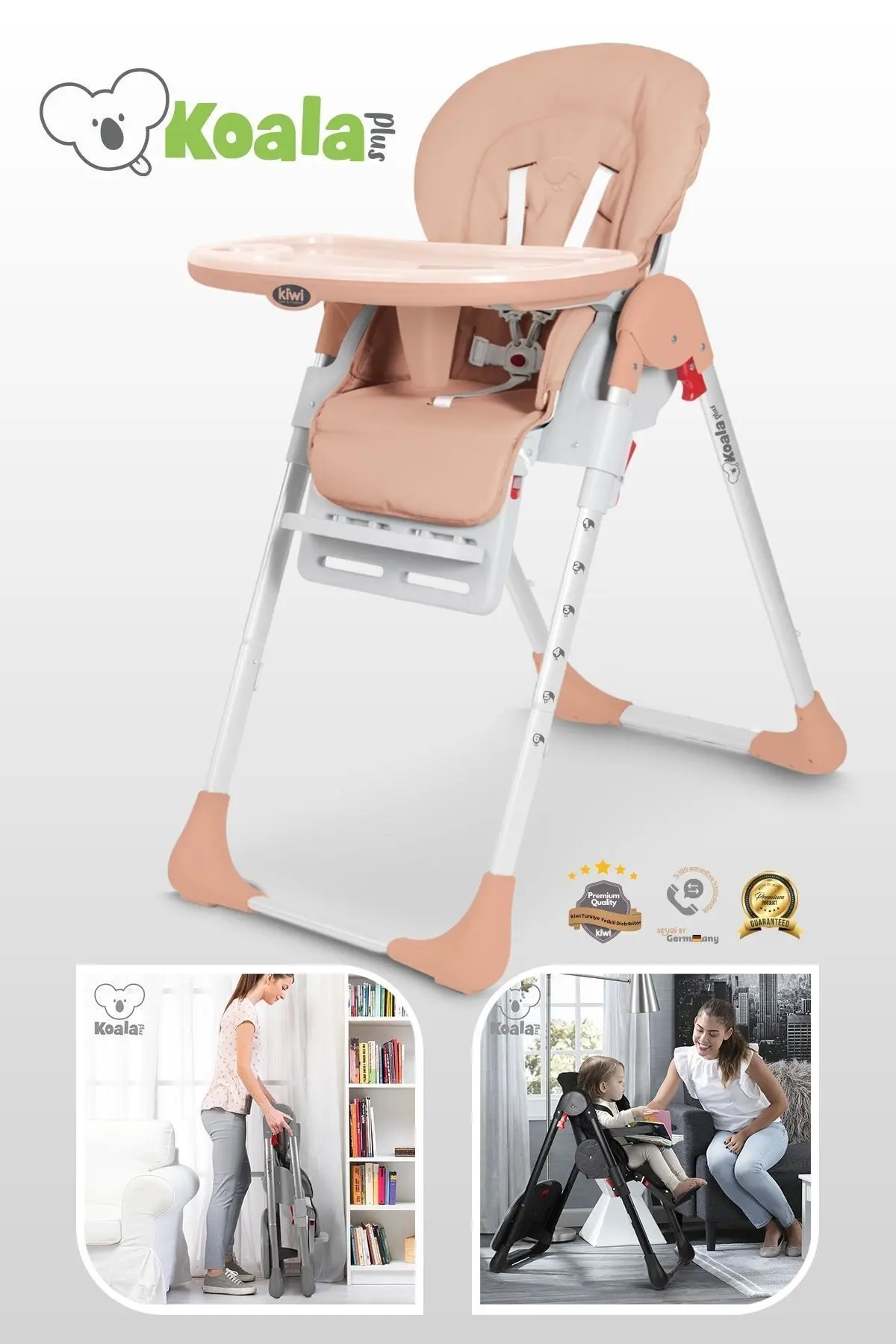 Koala Mama Sandalyesi Portatif Katlanır Yükseklik Ayarlı Tekerlekli İçi Pedli - Somon Renk