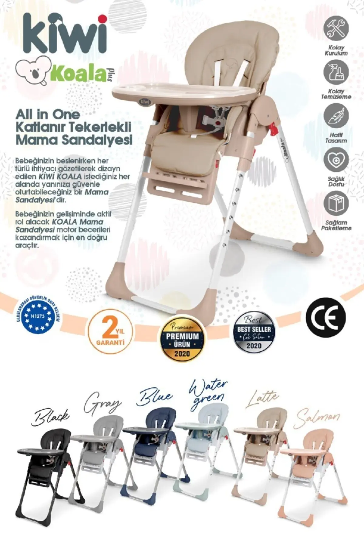 Koala Mama Sandalyesi Portatif Katlanır Yükseklik Ayarlı Tekerlekli İçi Pedli - Gri Renk