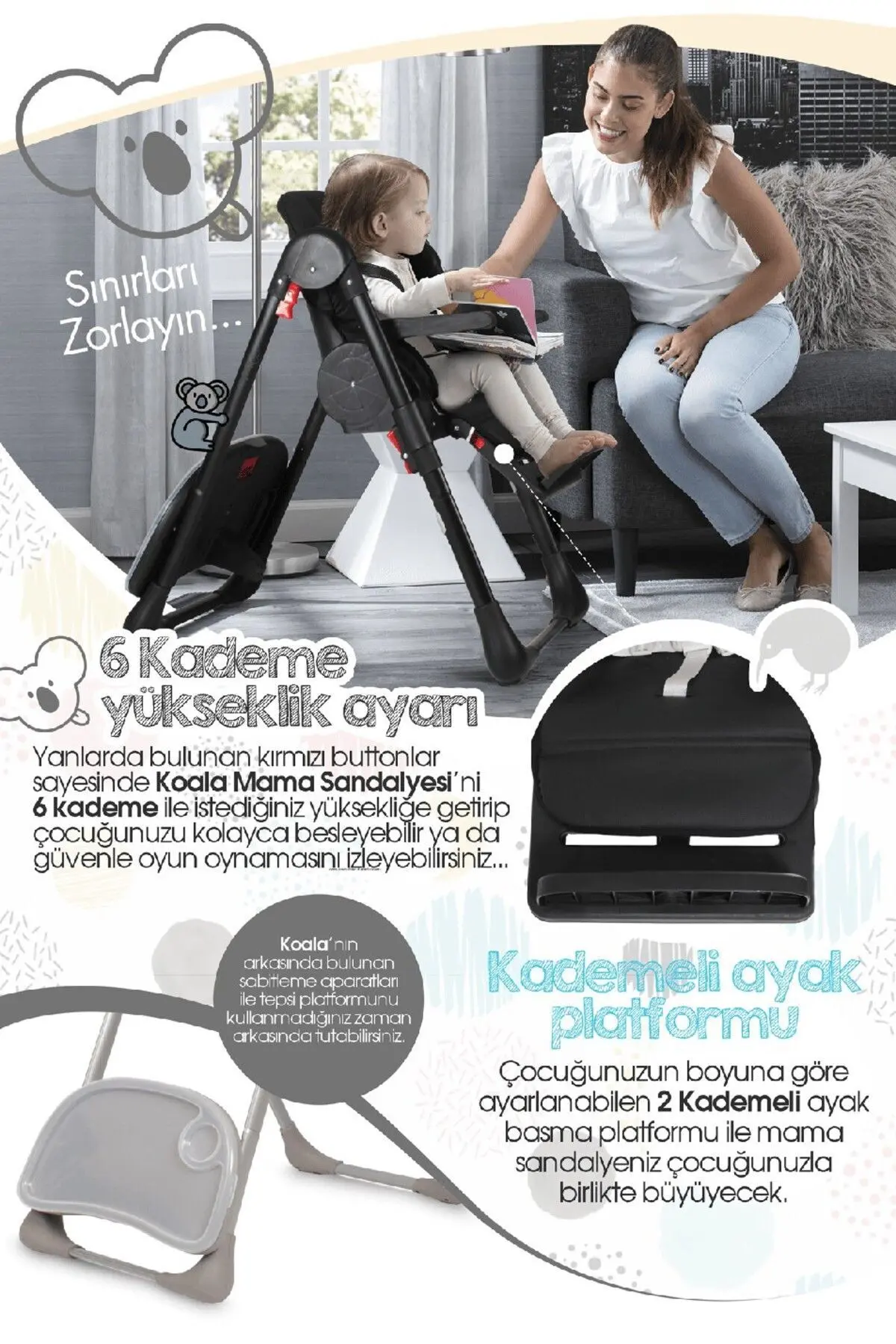 Koala Bebek Mama Sandalyesi, Ek Gıda Masası, Katlanabilir, Portatif, Kurulumu Kolay, 5 Nokta Kemer