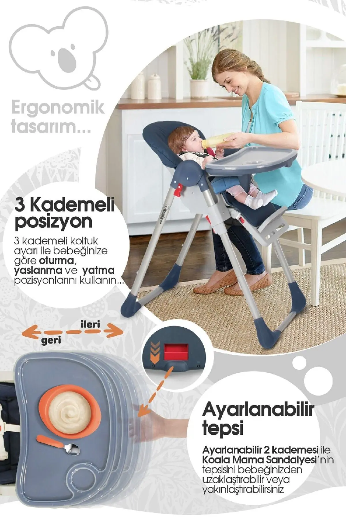 Koala Bebek Mama Sandalyesi, Ek Gıda Masası, Katlanabilir, Portatif, Kurulumu Kolay, 5 Nokta Kemer