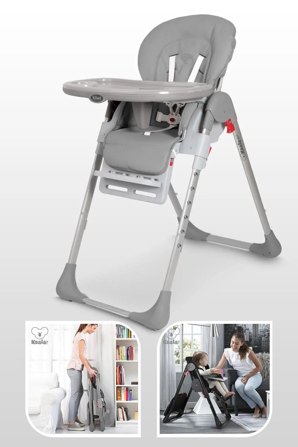 Koala Mama Sandalyesi Portatif Katlanır Yükseklik Ayarlı Tekerlekli İçi Pedli - Gri Renk