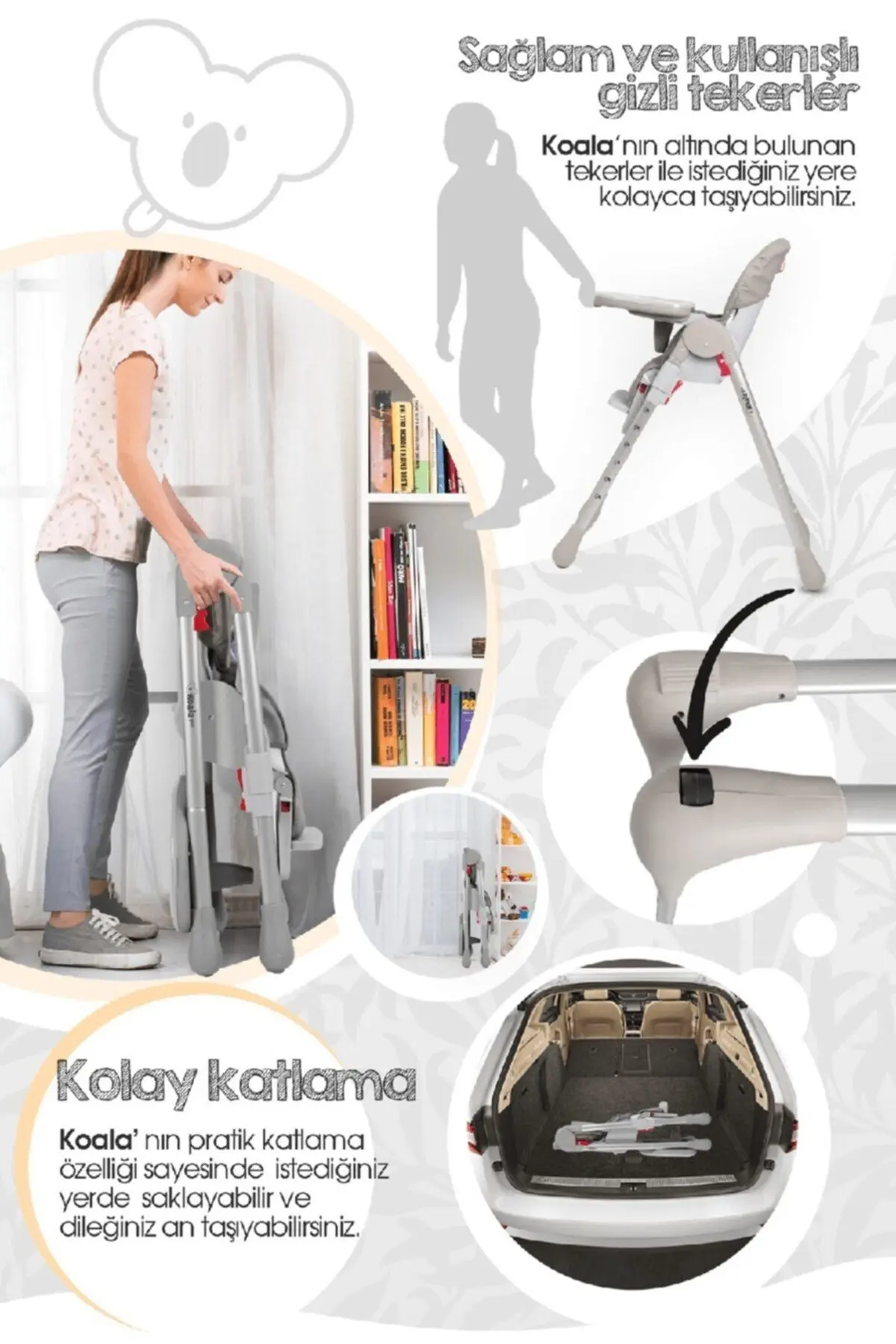 Koala Mama Sandalyesi Portatif Katlanır Yükseklik Ayarlı Tekerlekli İçi Pedli - Gri Renk