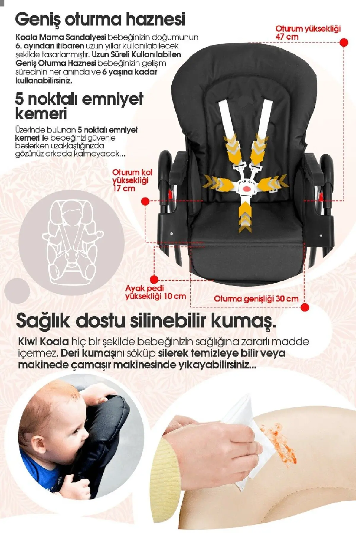 Koala Bebek Mama Sandalyesi, Ek Gıda Masası, Katlanabilir, Portatif, Kurulumu Kolay, 5 Nokta Kemer