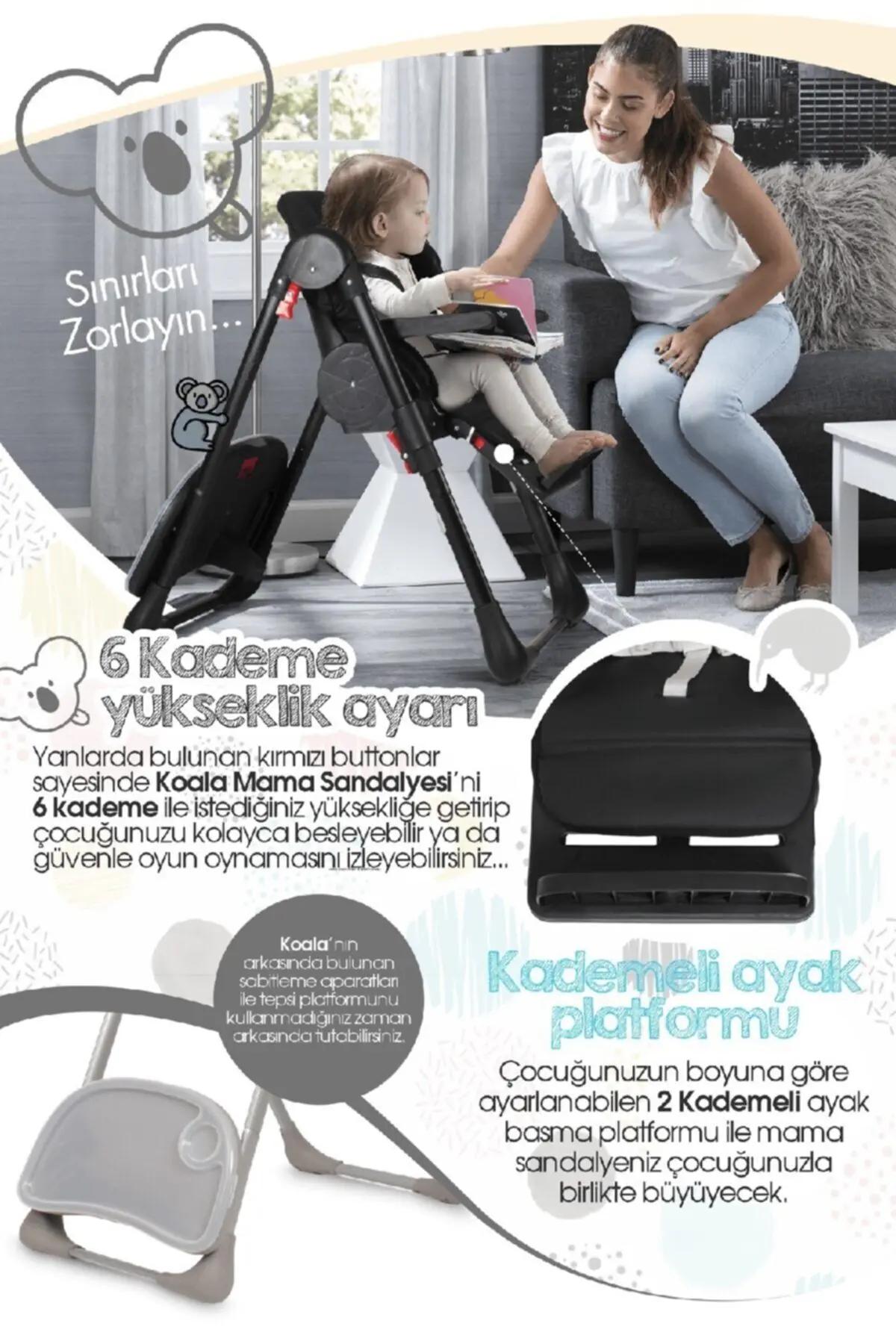 Koala All In One Katlanır Tekerlekli Mama Sandalyesi - Koyu Mavi