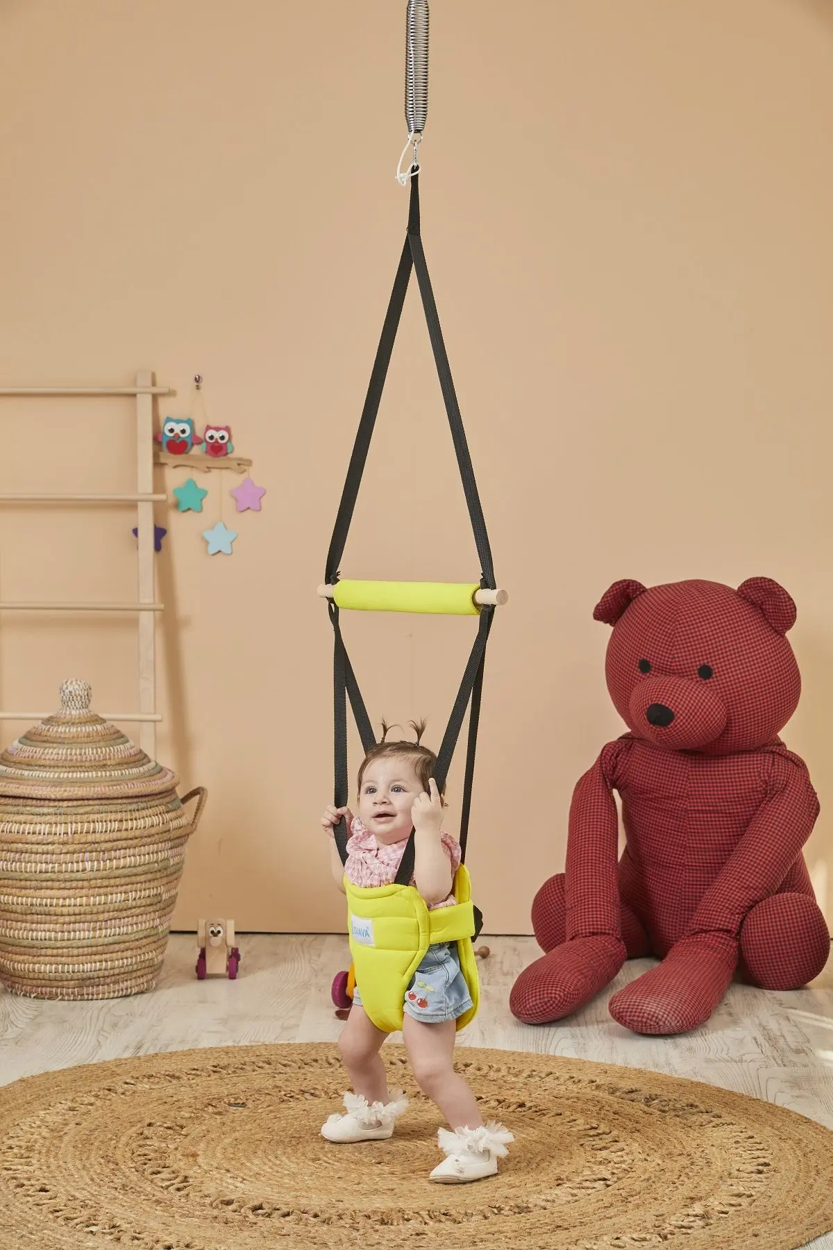 Hoppala Zıpzıp Yüz Korumalı Kanguru, Yaylı Denge Bebek Yürüteci Doğal Ahşap Sarı