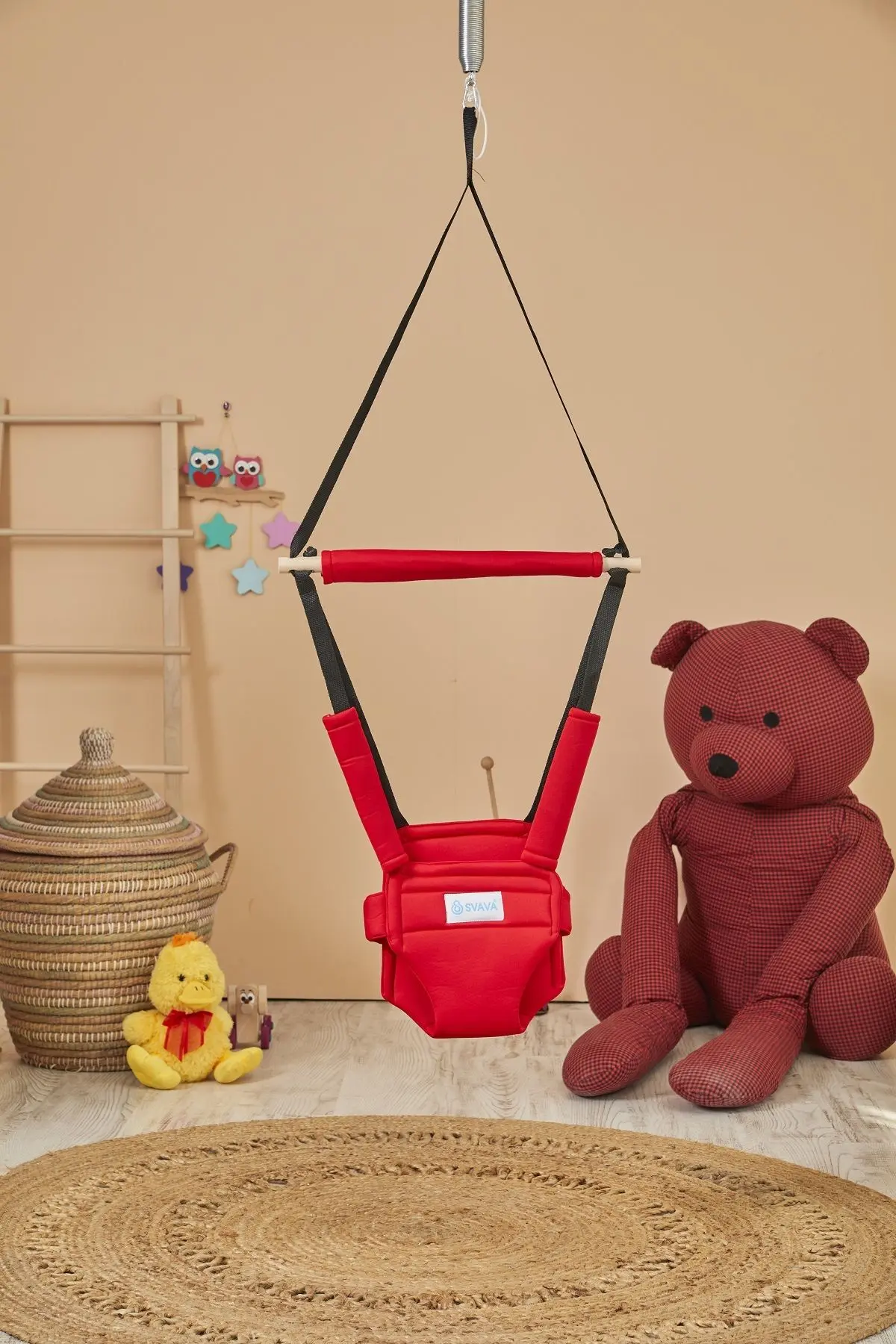 Hoppala Zıpzıp Yüz Korumalı Kanguru, Yaylı Denge Bebek Yürüteci Doğal Ahşap Kırmızı