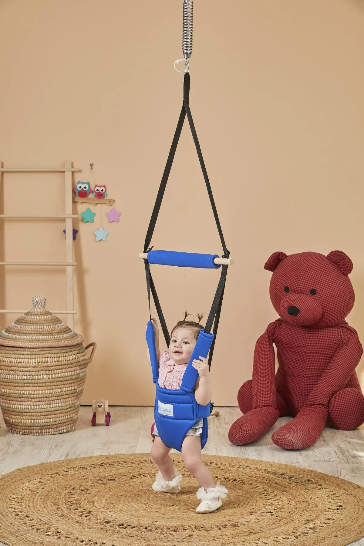 Hoppala Zıpzıp Yüz Korumalı Kanguru, Yaylı Denge Bebek Yürüteci Doğal Ahşap Mavi