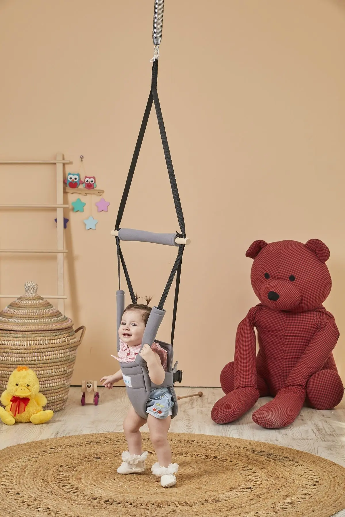 Hoppala Zıpzıp Yüz Korumalı Kanguru, Yaylı Denge Bebek Yürüteci Doğal Ahşap Gri