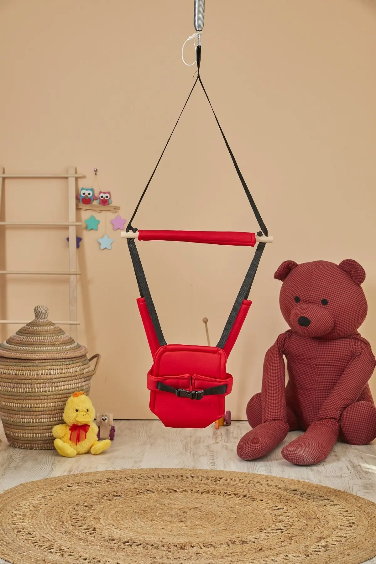 Hoppala Zıpzıp Yüz Korumalı Kanguru, Yaylı Denge Bebek Yürüteci Doğal Ahşap Kırmızı