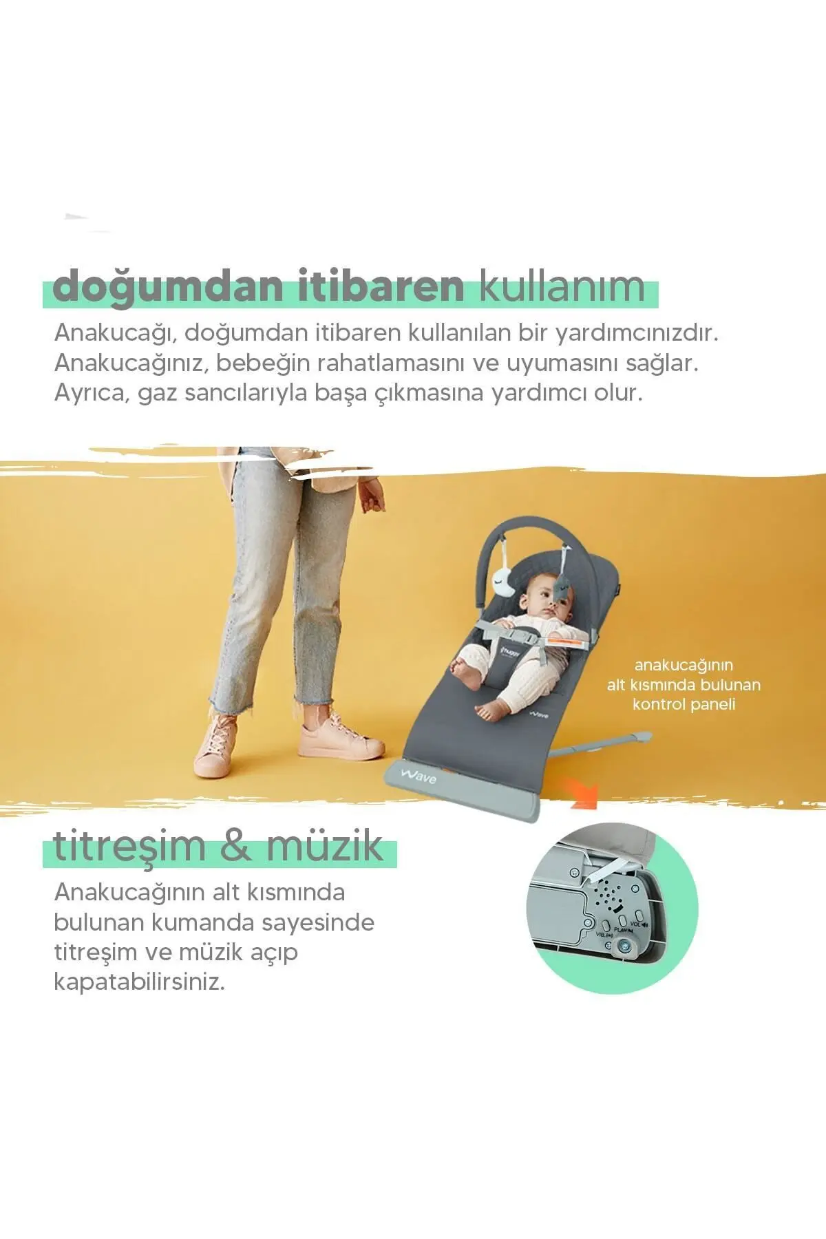 Wave Bebek Hareket Ettikçe Sallanabilen Kademeli Müzikli Titreşimli Anakucağı