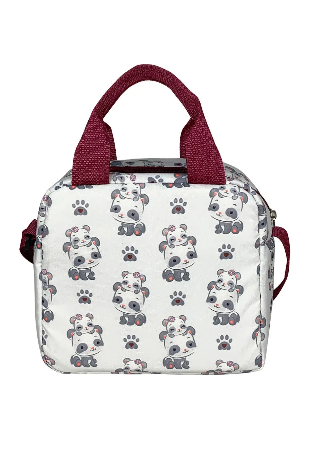 Beslenme Çantası Ve Termos Yemek Taşıma Çantası Omuz Askılı-Bordo Panda