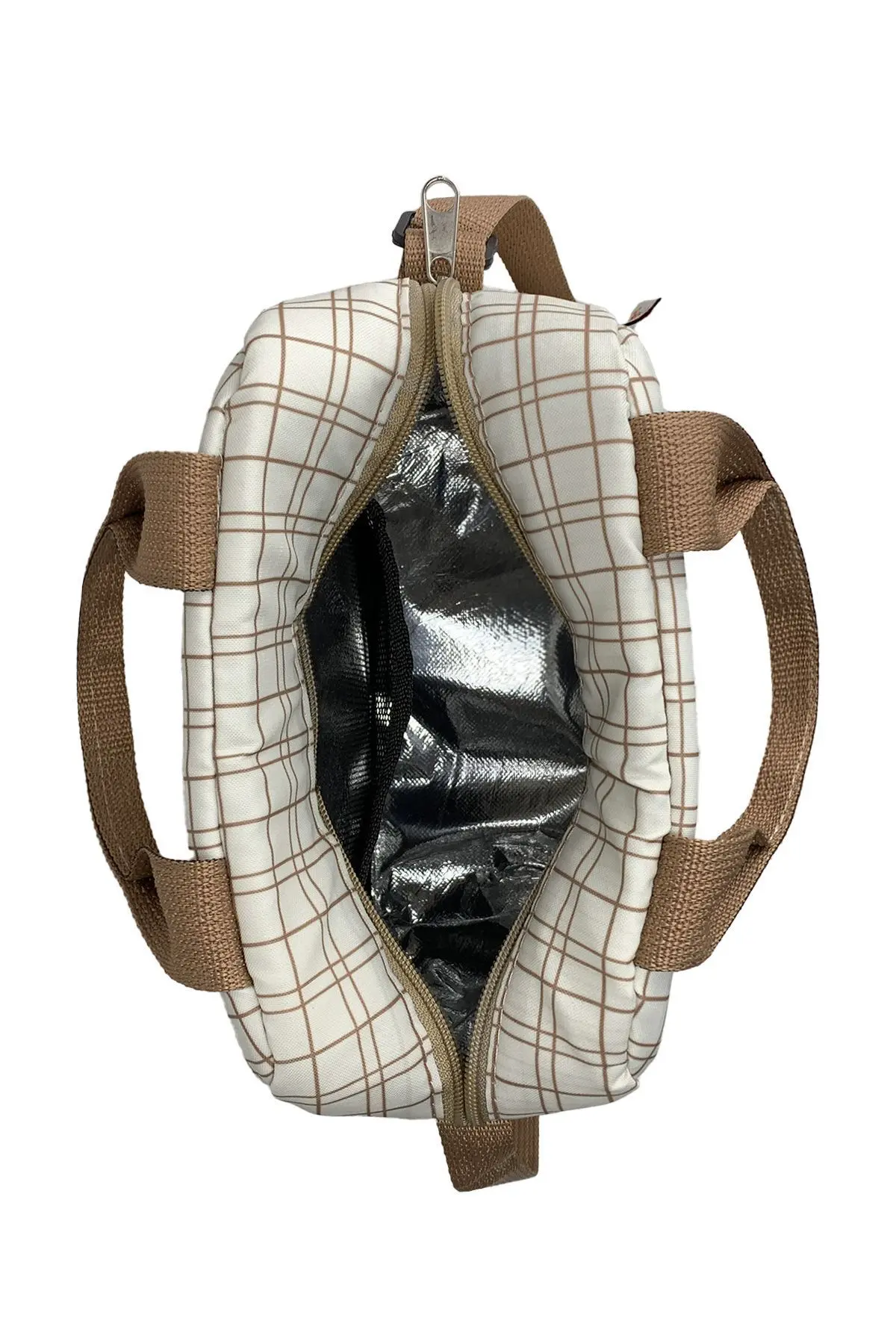 Beslenme Çantası Ve Termos Yemek Taşıma Çantası Omuz Askılı-Krem Ekose