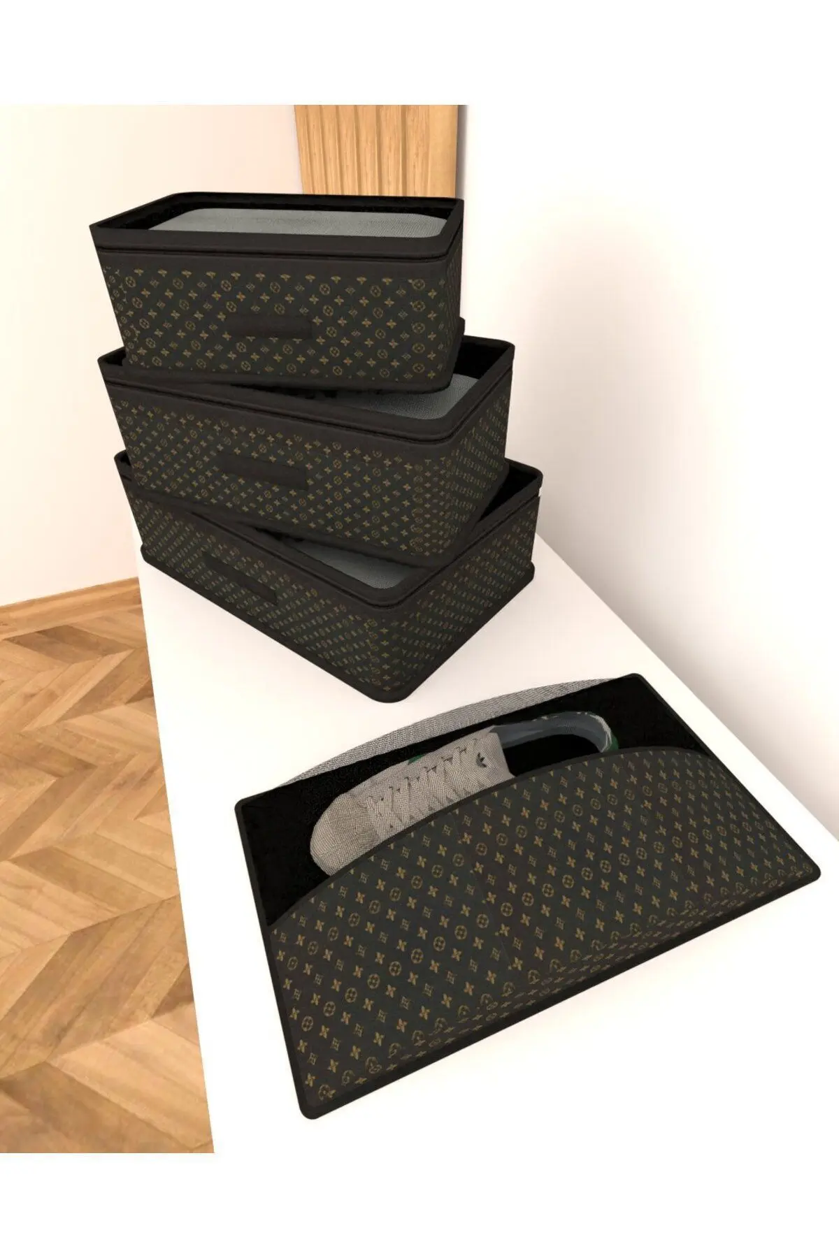 Yaprak Desen Siyah Gold Unisex Doğum Çantası 4 Parçalı Düzenleyici