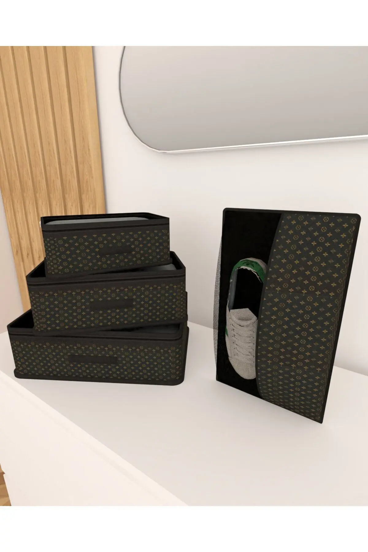 Yaprak Desen Siyah Gold Unisex Doğum Çantası 4 Parçalı Düzenleyici