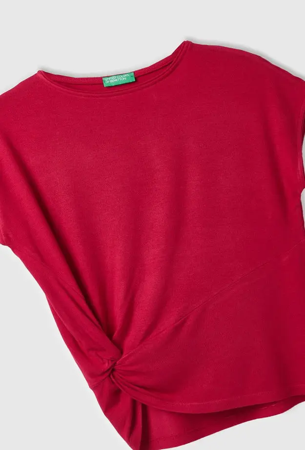 Kadın Fuşya Viskoz Karışımlı Düğüm Detaylı Kayık Yaka T-Shirt