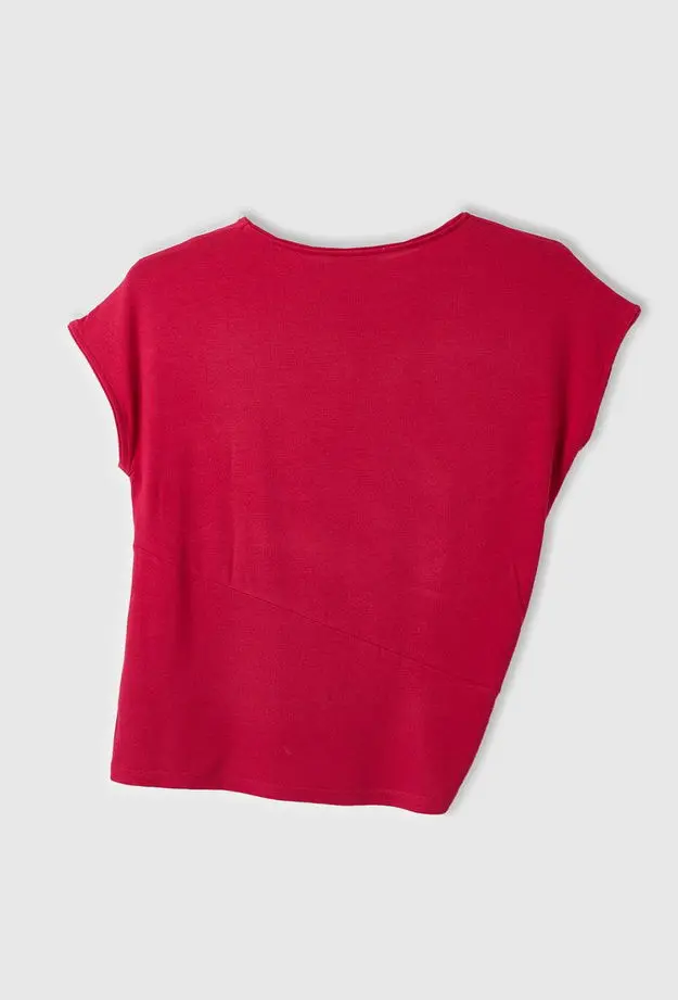 Kadın Fuşya Viskoz Karışımlı Düğüm Detaylı Kayık Yaka T-Shirt