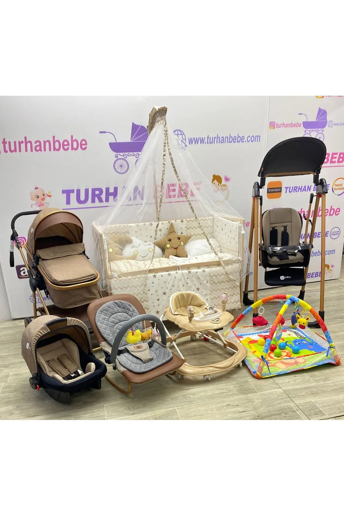 TURHAN BEBE Yeni Doğan Çeyiz Seti Bebek Arabası + Anne Yanı Beşik + Yürüteç +Salıncak+ Ana Dizi