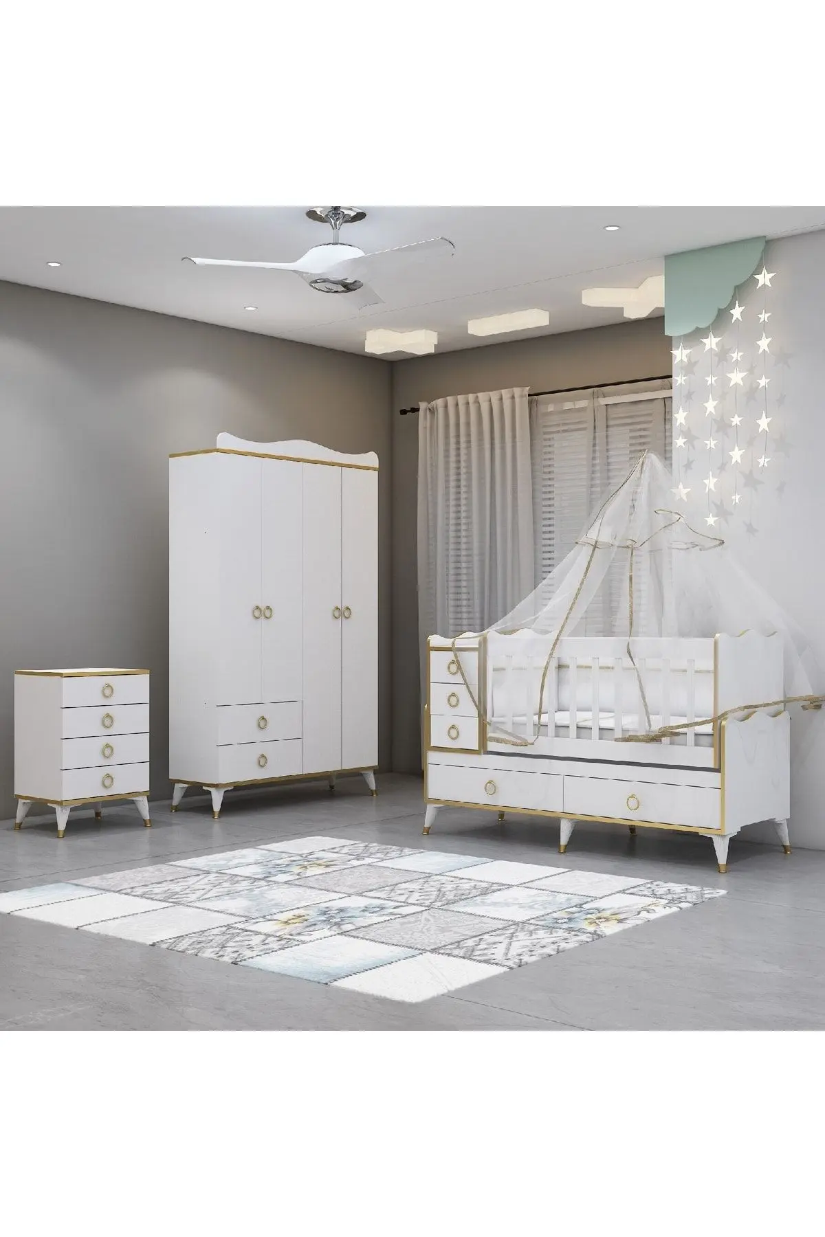 Garaj Home Alya Gold Yıldız 4 Komodin Bebek Odası- Yatak Uyku Seti Kombin-uyku Seti-beyaz
