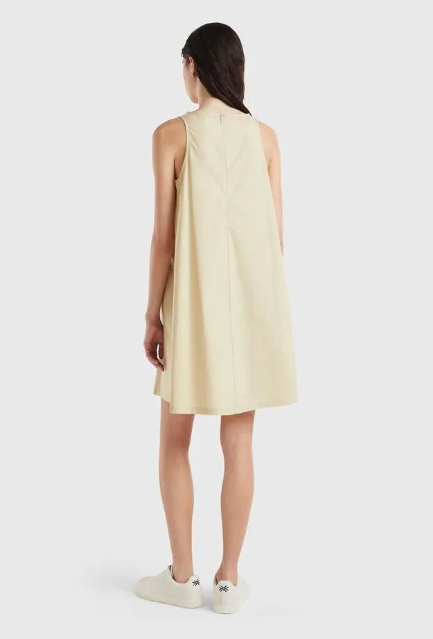 Kadın Bej %100 Koton Kolsuz Midi Boy Elbise