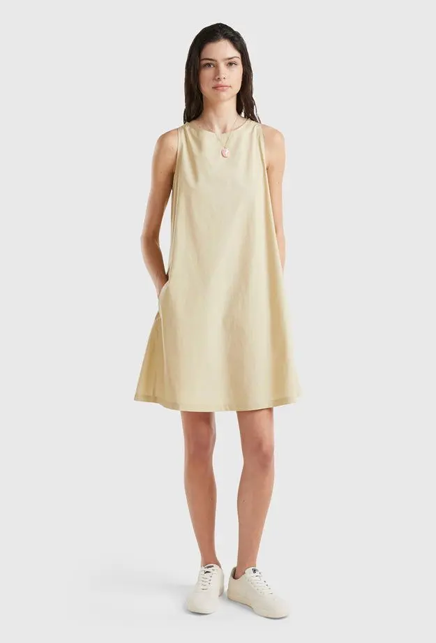 Kadın Bej %100 Koton Kolsuz Midi Boy Elbise