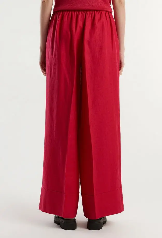 Kadın Fuşya %100 Keten Beli Lastikli Geniş Kesim Pantolon