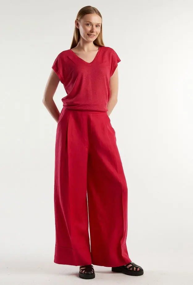 United Colors of Benetton Kadın Fuşya %100 Keten Beli Lastikli Geniş Kesim Pantolon