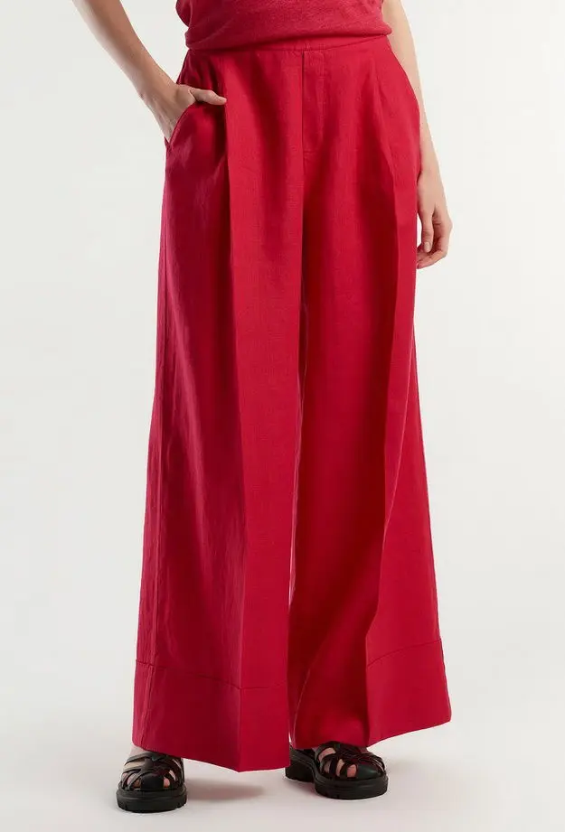 Kadın Fuşya %100 Keten Beli Lastikli Geniş Kesim Pantolon
