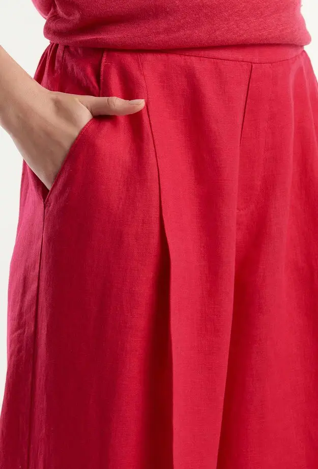 Kadın Fuşya %100 Keten Beli Lastikli Geniş Kesim Pantolon