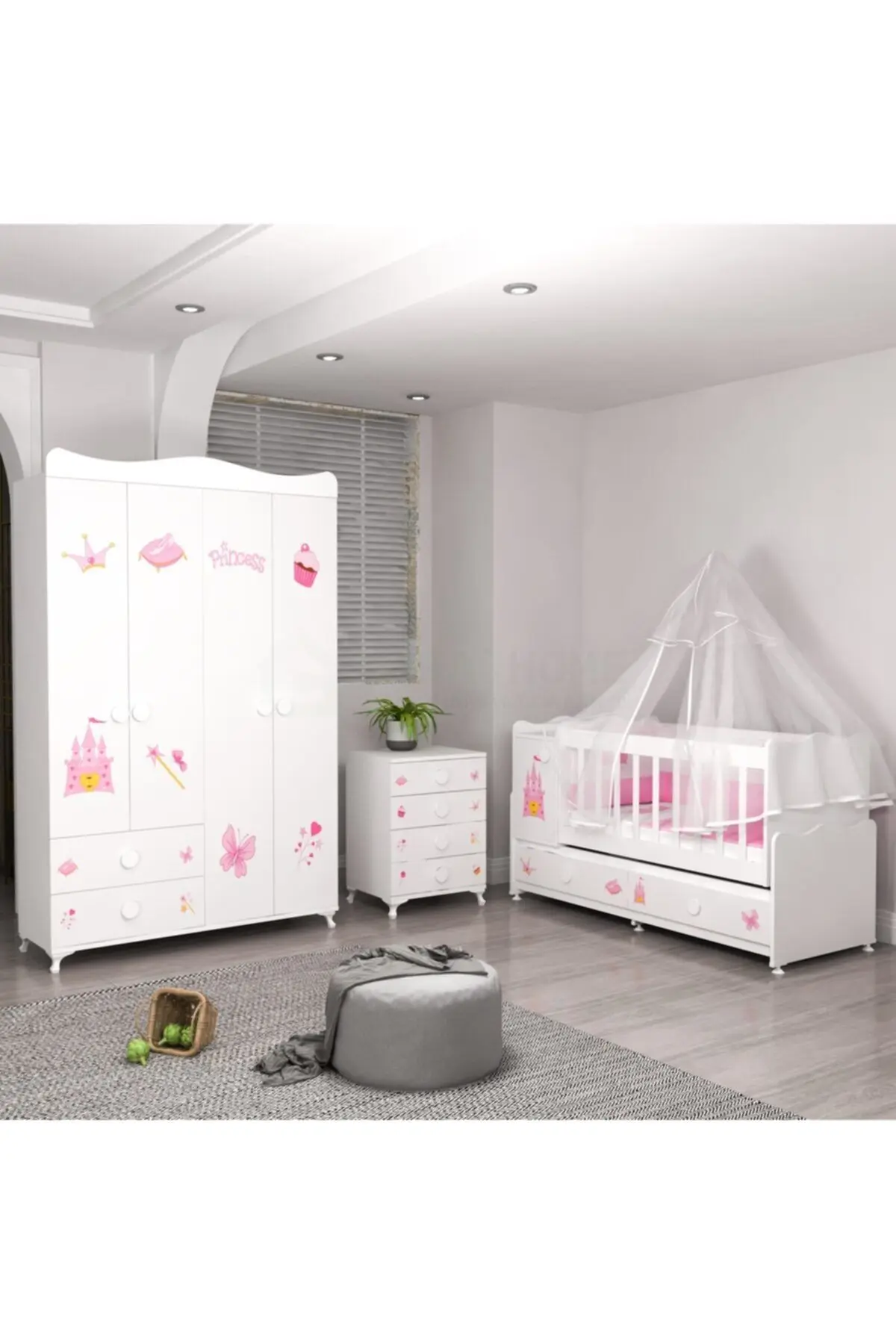 Garaj Home Pırlanta Yıldız 4lü Prenses Bebek Odası Takımı - Yatak Ve Uyku Seti Kombinli - Mavi Uykusetli