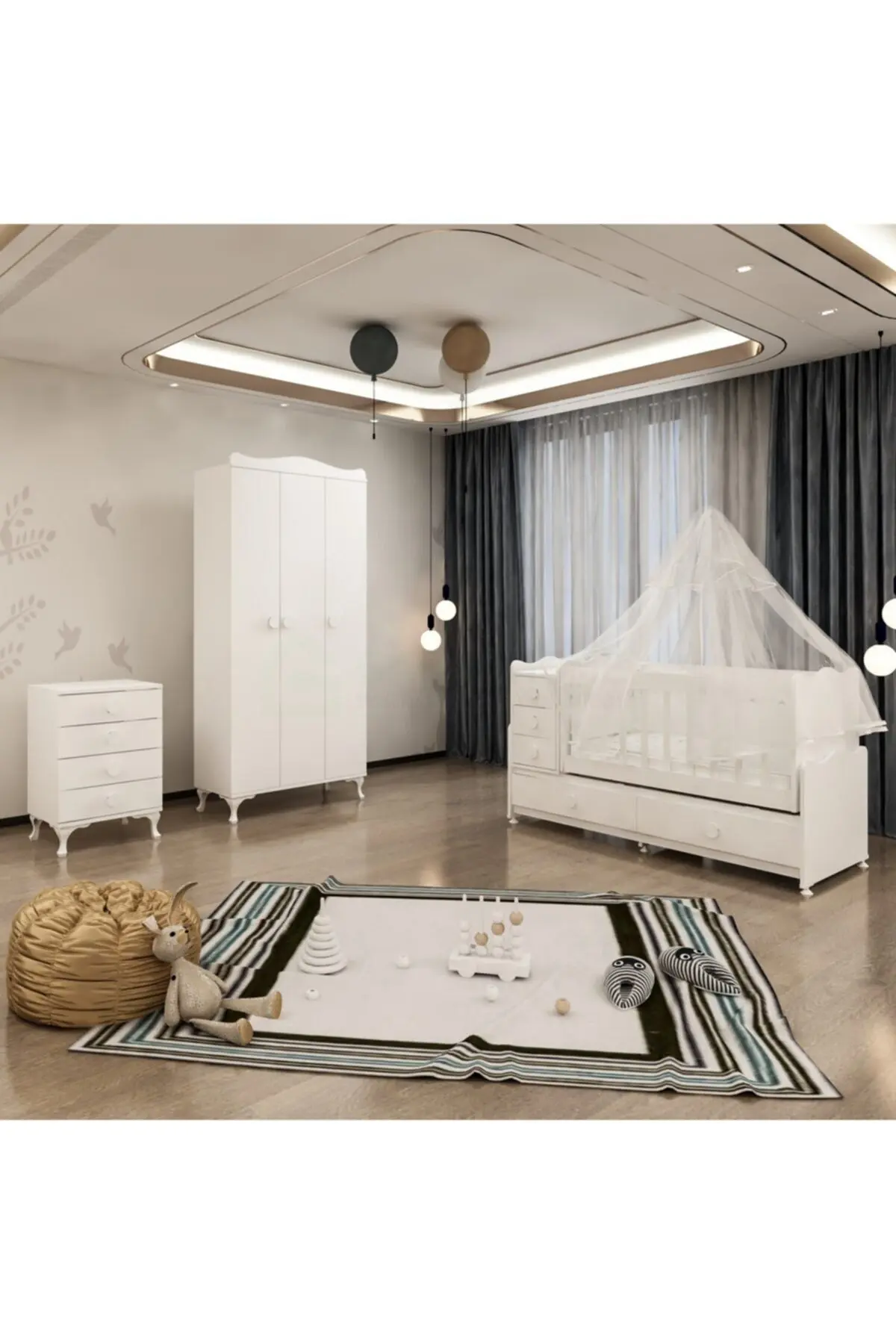 Garaj Home Melina Yıldız 3 Kapaklı Bebek Odası Takımı Beyaz - Yatak Ve Uyku Seti Kombinli- Uykuseti Beyaz