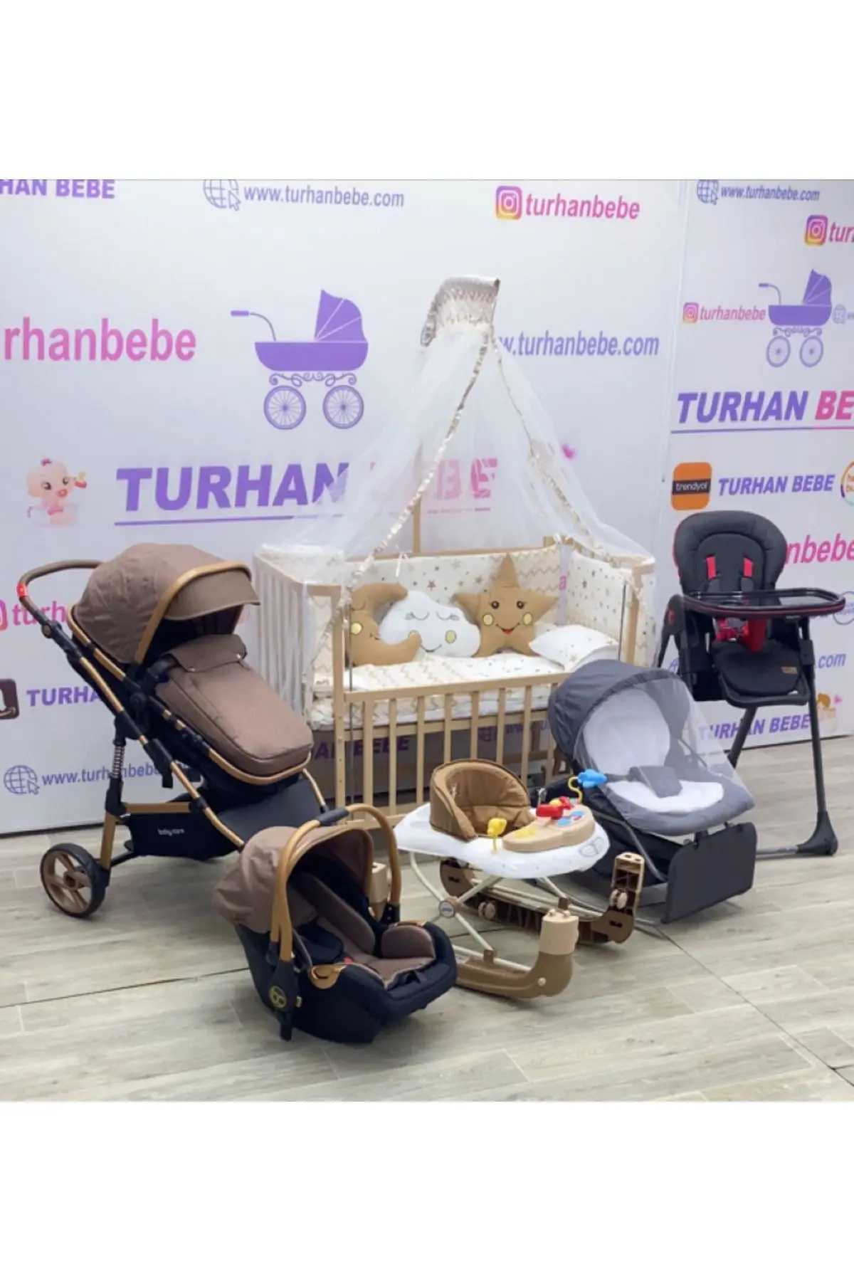TURHAN BEBE Yeni Doğan Çeyiz Seti Bebek Arabası + Anne Yanı Beşik + Yürüteç +Mama Sandalyesi + ANA DİZİ