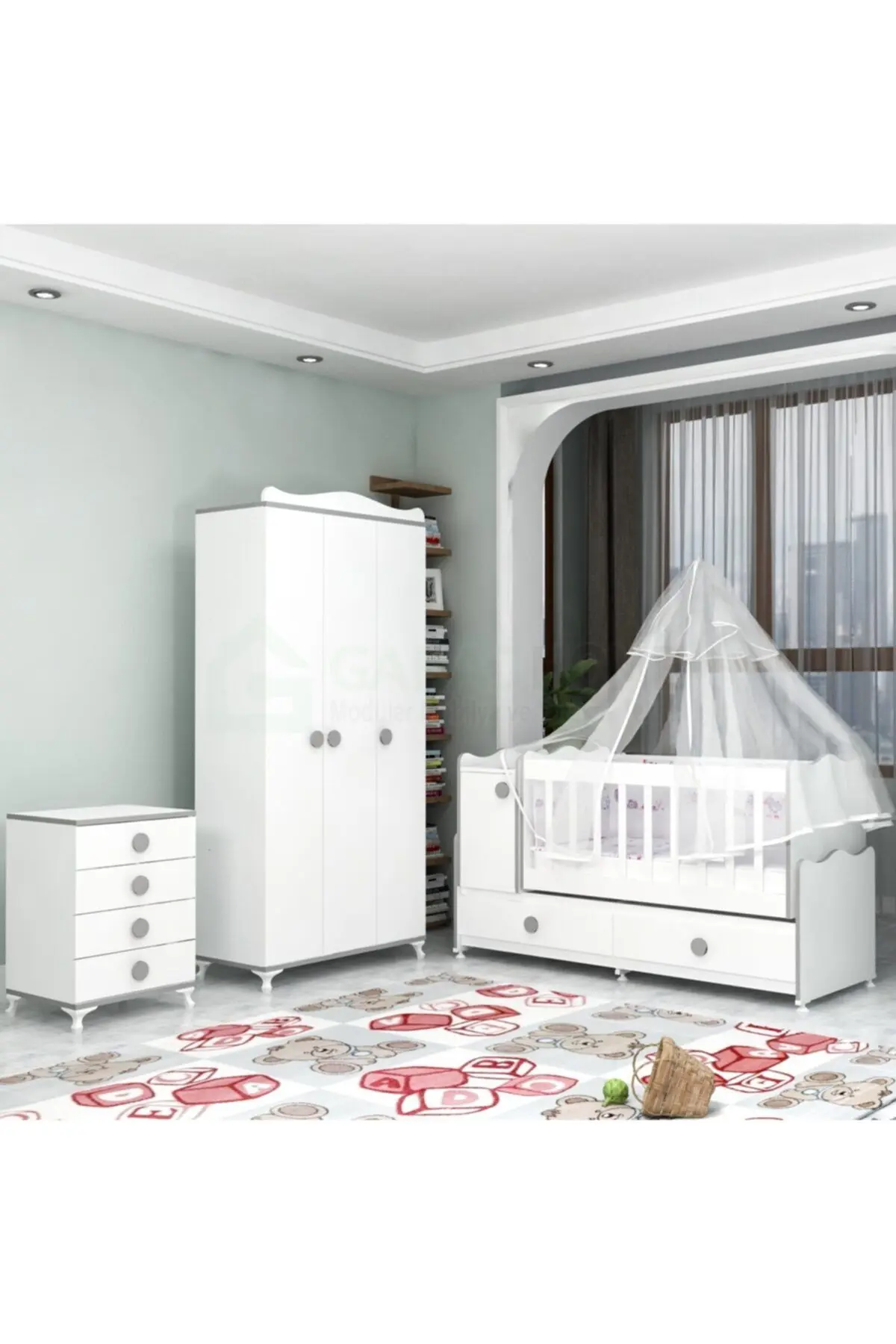 Garaj Home Pırlanta Yıldız 3 Kapaklı Bebek Odası Takımı Gri- Yatak Ve Uyku Seti Kombinli - Pembe Uykusetli