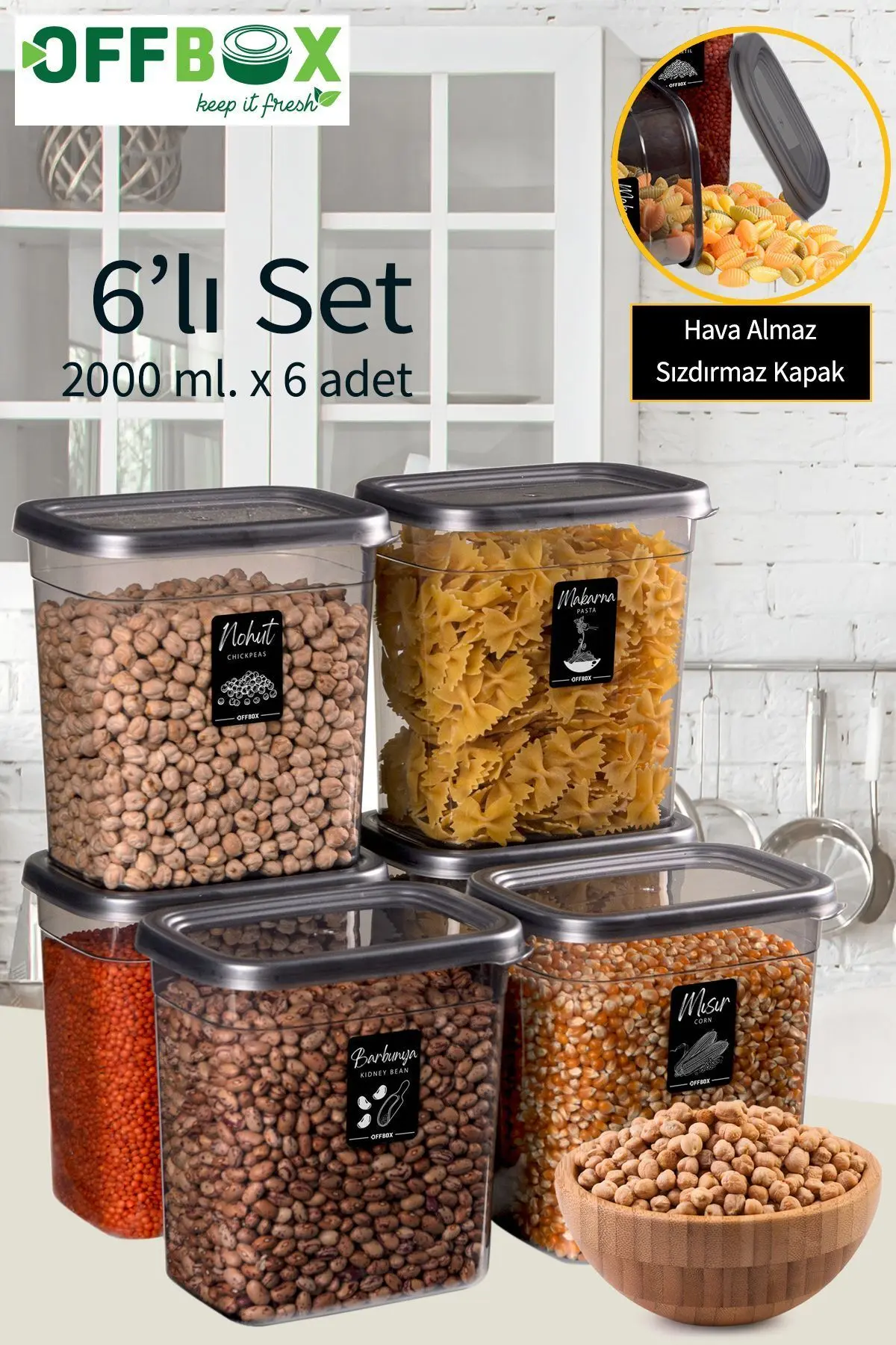 6 Adet 12 Parça Dikdörtgen 2 Litre Erzak Bakliyat Saklama Kabı Çeyiz Seti 20 Etiket Hediyeli