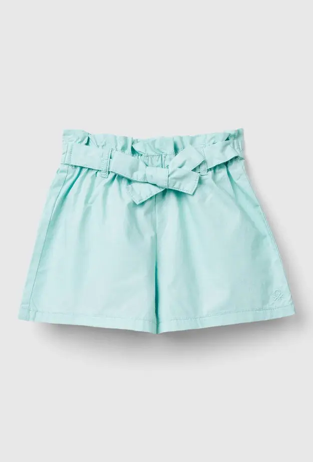 United Colors of Benetton Kız Çocuk Su Yeşili Beli Kuşaklı Yama Cepli Geniş Paça Bermuda Şort