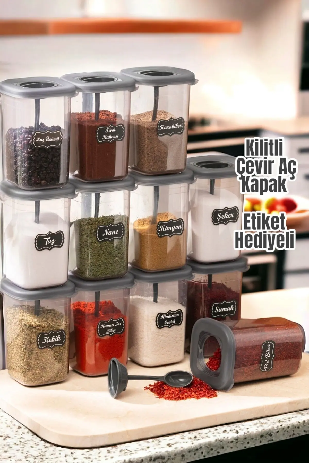 12'li 450ml Etiketli Ve Kilitlenebilir Kapaklı Kendinden Kaşıklı Baharatlık Seti - Etiket Hediye