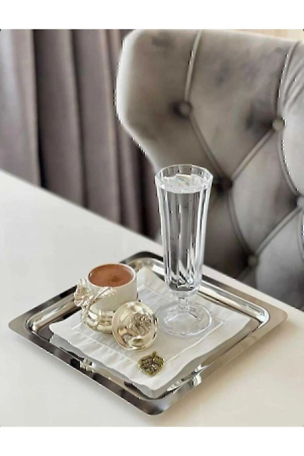 6'lı Lüx Kare Paslanmaz Çelik Gümüş Renk 21x21cm Kahve Servis Sunum Tepsisi&tabağı