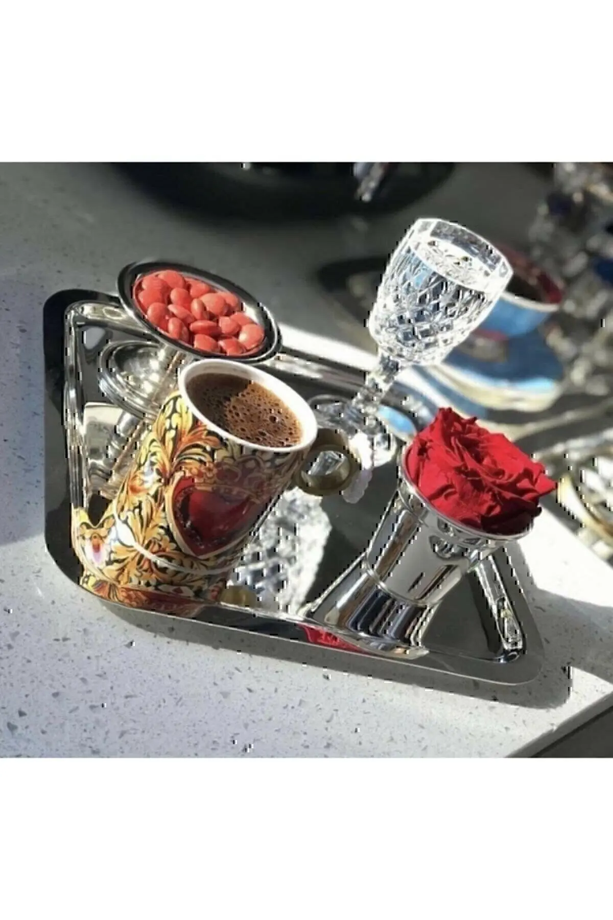 6'lı Lüx Kare Paslanmaz Çelik Gümüş Renk 21x21cm Kahve Servis Sunum Tepsisi&tabağı
