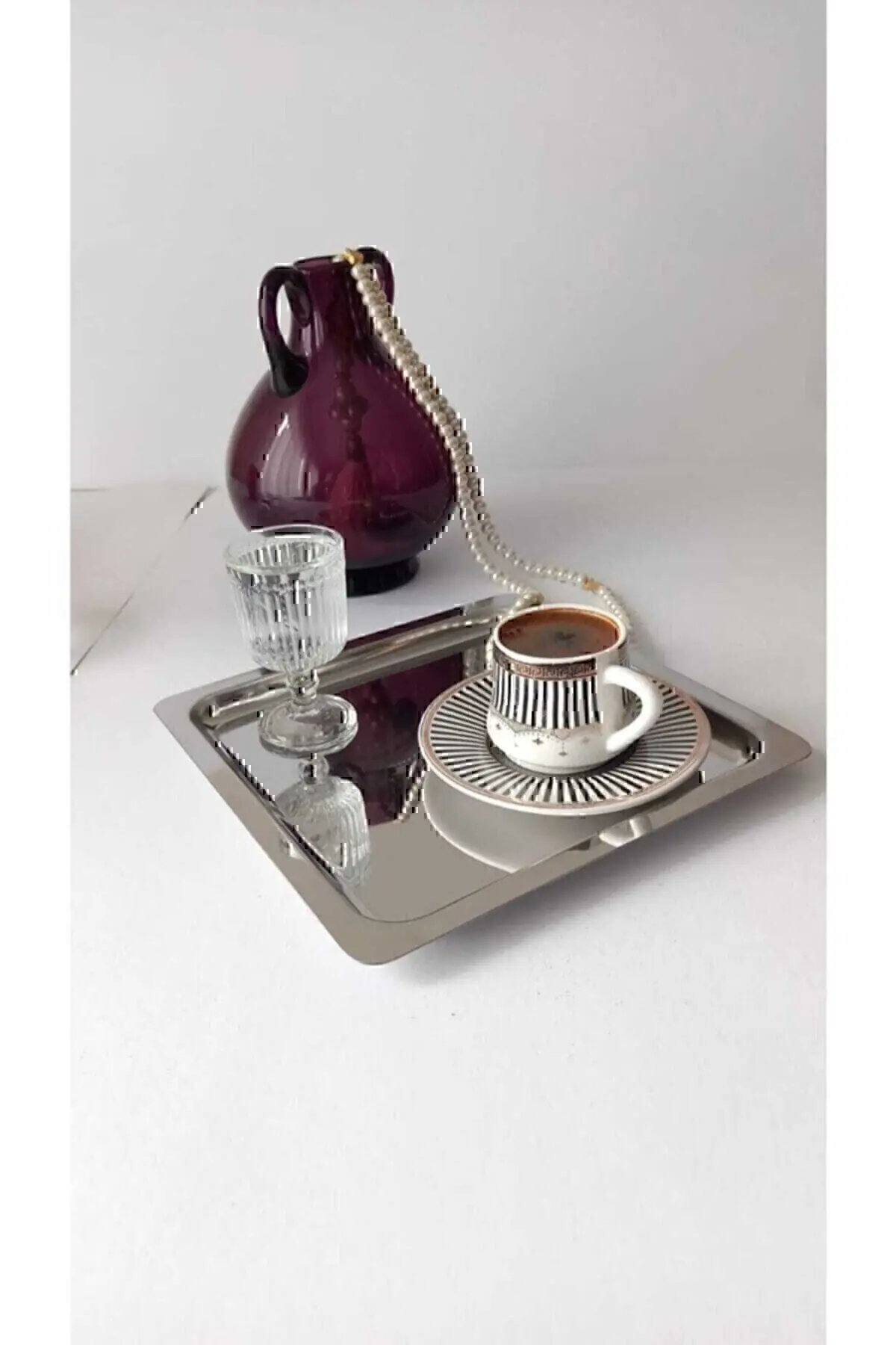 6'lı Lüx Kare Paslanmaz Çelik Gümüş Renk 21x21cm Kahve Servis Sunum Tepsisi&tabağı