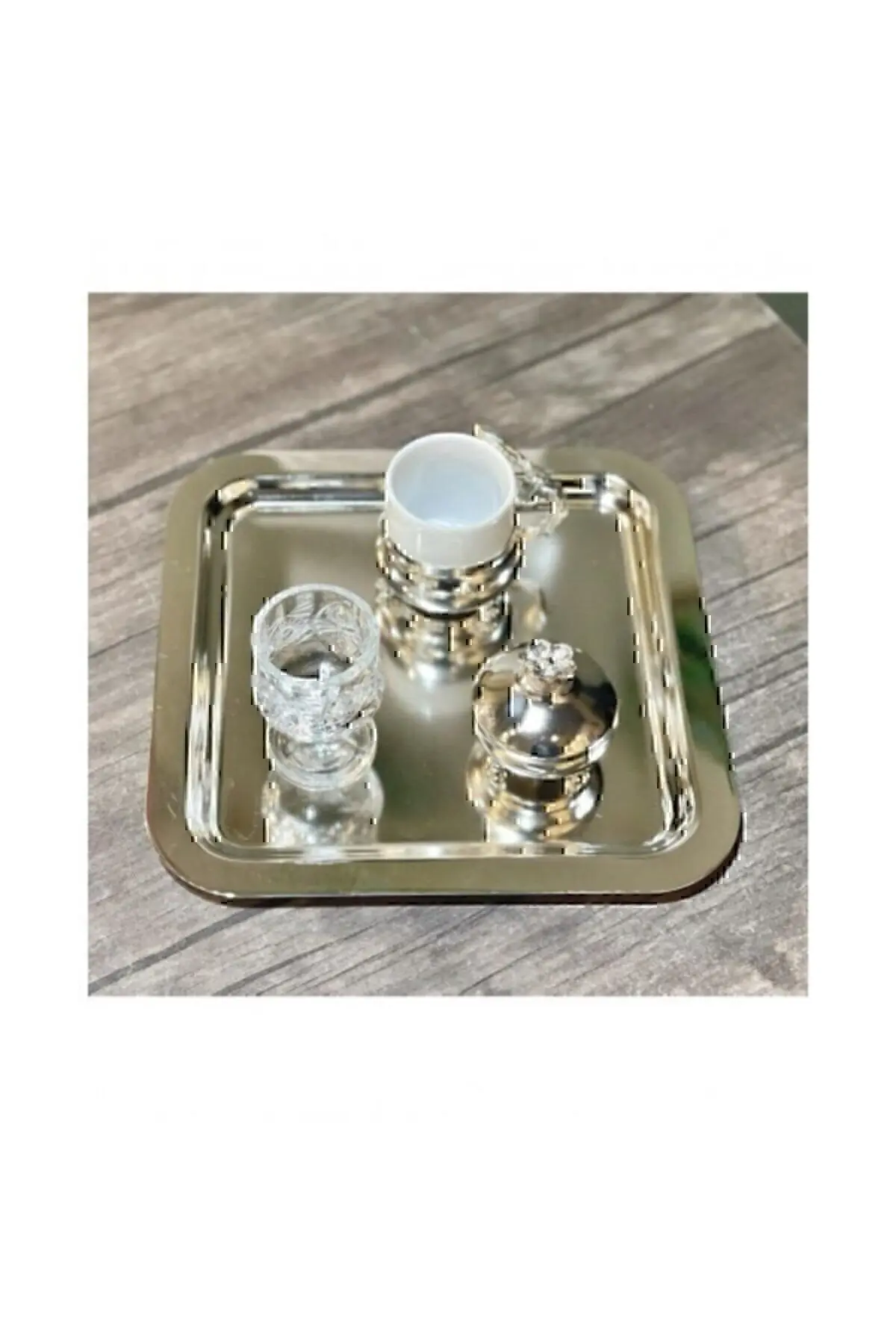 6'lı Lüx Kare Paslanmaz Çelik Gümüş Renk 21x21cm Kahve Servis Sunum Tepsisi&tabağı