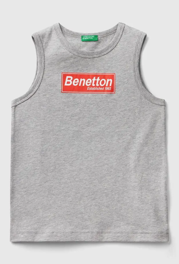 United Colors of Benetton Erkek Çocuk Gri Melanj Logo Baskılı Kolsuz Atlet