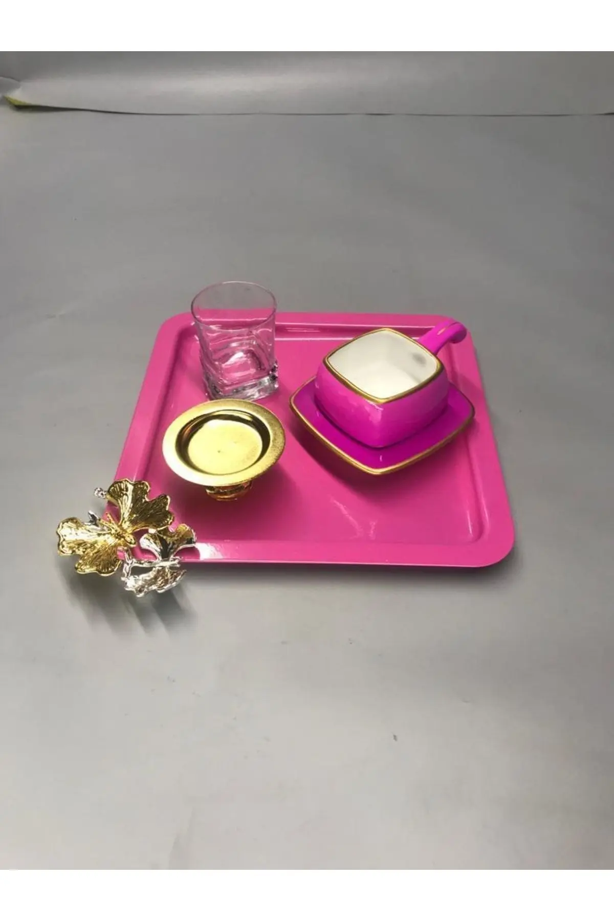 Lüx Kelebek Aksesuarlı Paslanmaz Çelik Kare 6’lı Pembe Kahve, Çay, Dekoratif Sunum Servis Tepsisi
