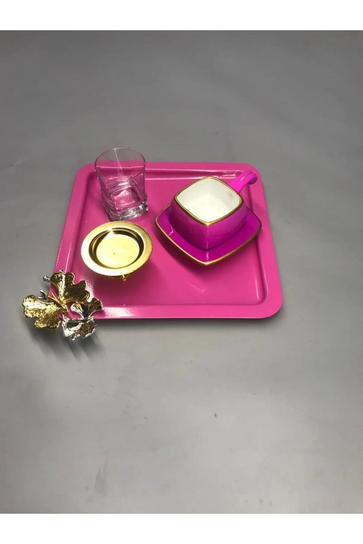 Lüx Kelebek Aksesuarlı Paslanmaz Çelik Kare 6’lı Pembe Kahve, Çay, Dekoratif Sunum Servis Tepsisi