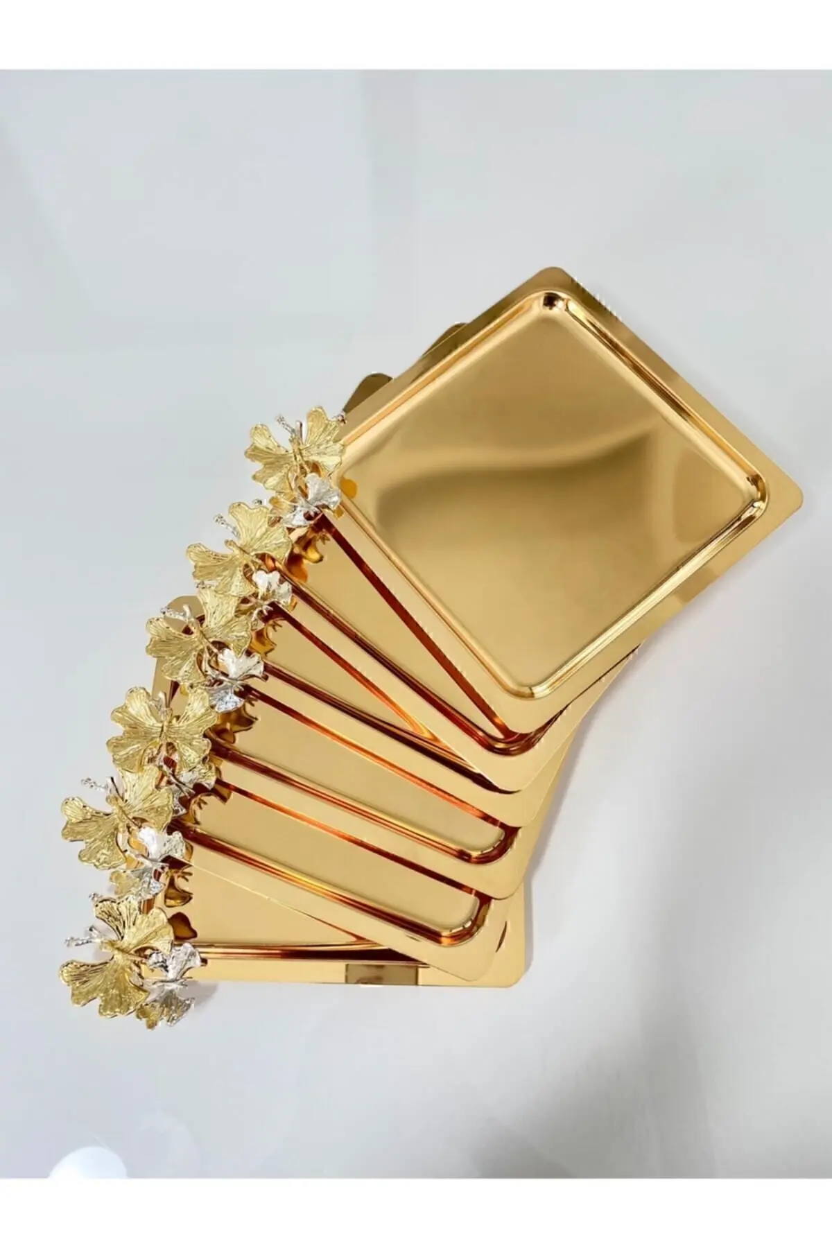 6'lı Lüx Kare Gold Kelebekli Titanyum Kaplama Servis ,çay ,kahve ,ikramlık Sunum Tepsisi